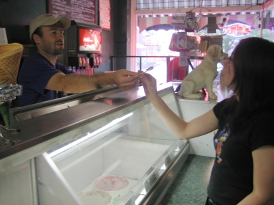 Tankman handing frozen goodness to Indy.