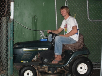 Riding a lawnmower for the win.