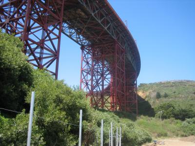 In the construction site beneath the bridge
