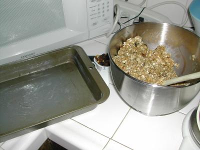 Greased Pan and Energy Bar Mix