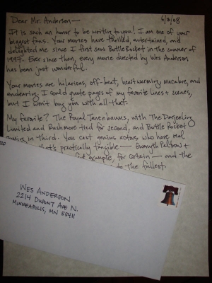 Misdirected Fan Mail to Wes Anderson