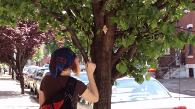 Angela putting a pinwheel in a tree