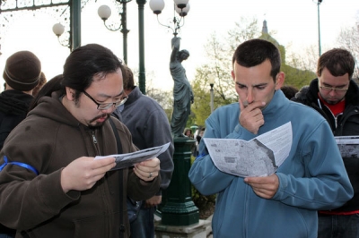 L to R it's Me, Jake and Paul... incredibly serious about our maps.