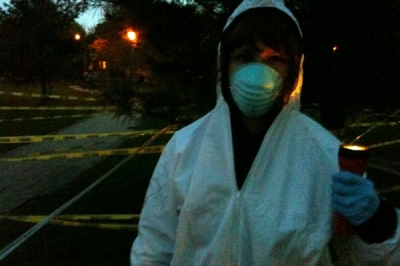 First checkpoint, lots of hazmat suits.