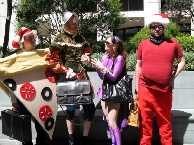 Four businesspeople waiting for a bus.