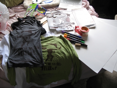 Stenciled shirts and sign-making materials. Stenciled shirts and sign-making materials.