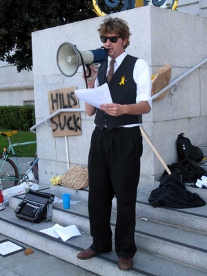 YellowBear reads the Downocrat Mission Statement. YellowBear reads the Downocrat Mission Statement.