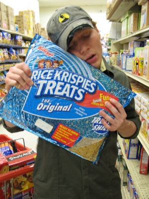 Kyle with giant sheet of Rice Krispie Treat.
