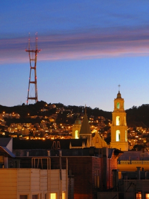 Dolores and Sutro from my roof. Sunset.