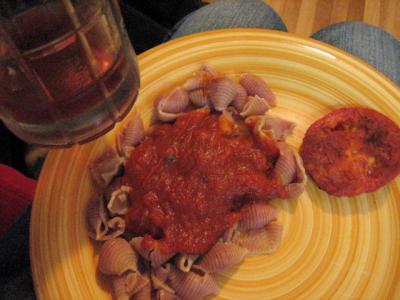 Cherry Cider, Red Pasta with Sauce, Fried Tomato