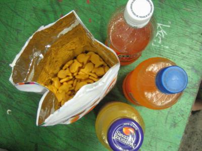 Goldfish! Orange Mango juice, Minute Maid, etc