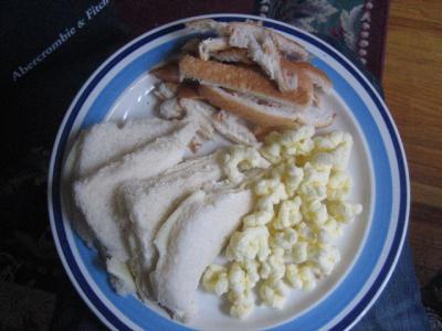 White bread (crusts torn off), white cheese, white Pirate's Booty puffs