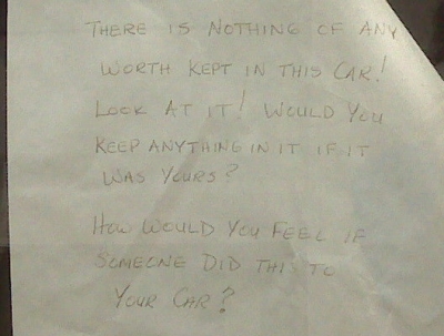 A note found in a car window
