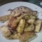 Shark steak served with peas and grilled parsnip and potatoes chunks