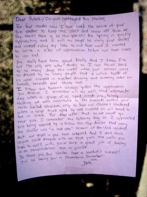 Close up of letter to Bus Shelter