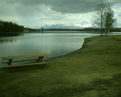 the lake, the shore, the picnic table