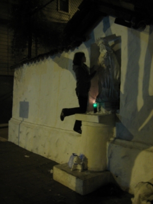 Jackie applies some snow to Mary