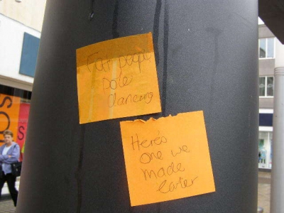 "Fat people's pole for dancing" "Here's one we made earlier" "Fat people's pole for dancing" "Here's one we made earlier"