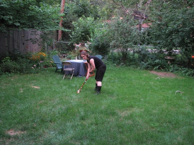 Vlo Grrl uses her gothic superpowers to hunt the wily croquet ball. 