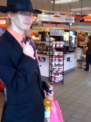 In the gas station, in our best clothes