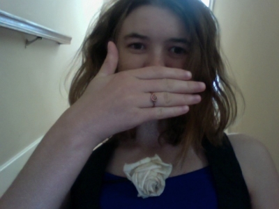 Me in the stairwell of the new house, wearing the ring he made me