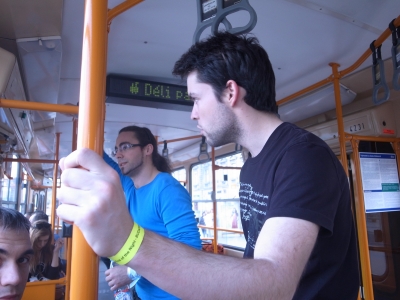 In the streetcar. 1->2