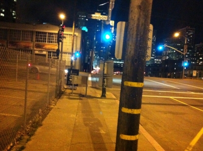 Coming at the PEDESTRIANS PROHIBITED signs from the other direction.