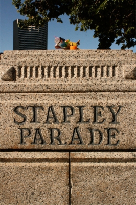 Rainbow of trash on a WWI memorial pedestal. Rainbow of trash on a WWI memorial pedestal.