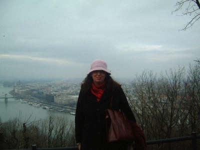 Pink fuzzy hatted Rachel in Budapest