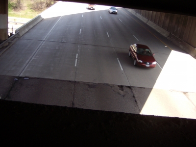 Looking out over the freeway as we pass under it.