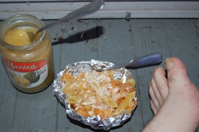 Mixing everything together on the porch.