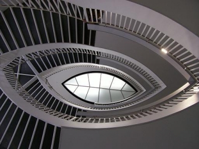 staircase above koi pond